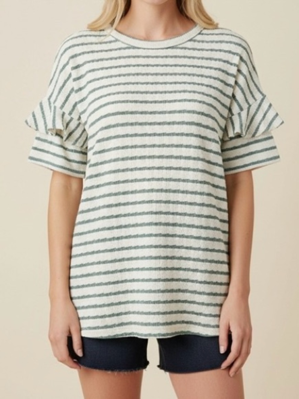 HEIMISH USA Green & Off White Striped Ruffle Sleeve Tee